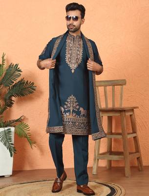 Cotton silk embroidered blue kurta & trouser with dupatta 1