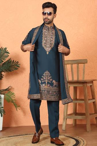 Cotton silk embroidered blue kurta & trouser with dupatta