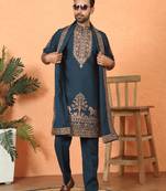 Cotton silk embroidered blue kurta & trouser with dupatta
