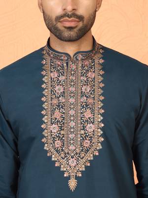 Cotton silk embroidered blue kurta & trouser with dupatta 2