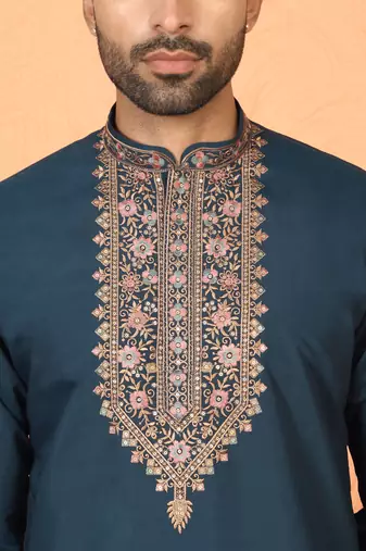Cotton silk embroidered blue kurta & trouser with dupatta