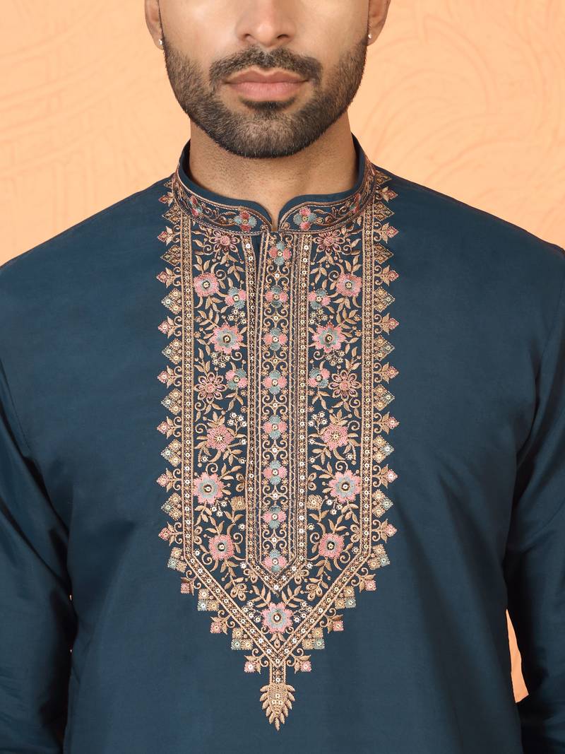 Cotton silk embroidered blue kurta & trouser with dupatta