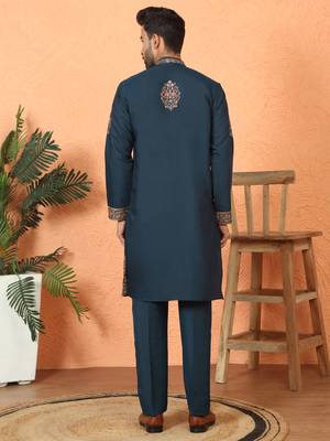 Cotton silk embroidered blue kurta & trouser with dupatta 3