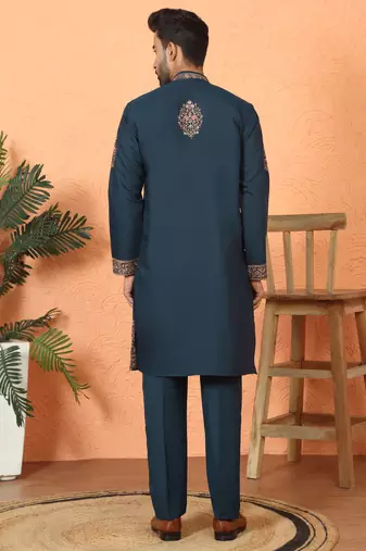 Cotton silk embroidered blue kurta & trouser with dupatta