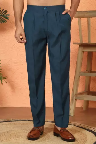Cotton silk embroidered blue kurta & trouser with dupatta