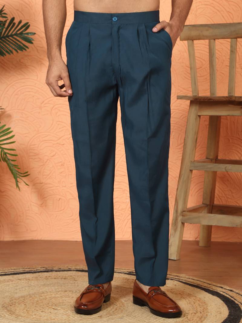 Cotton silk embroidered blue kurta & trouser with dupatta