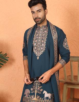 Cotton silk embroidered blue kurta & trouser with dupatta 5