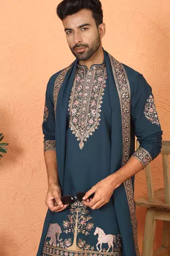 Cotton silk embroidered blue kurta & trouser with dupatta