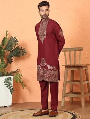 Cotton silk embroidered maroon kurta & trouser with dupatta 1