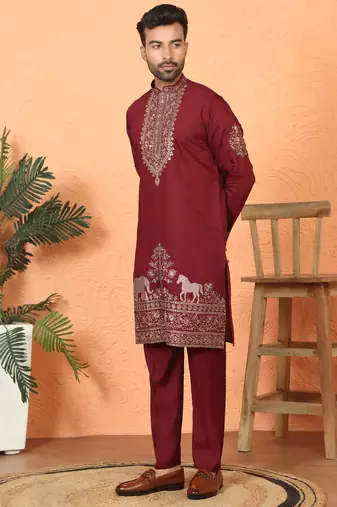 Cotton silk embroidered maroon kurta & trouser with dupatta