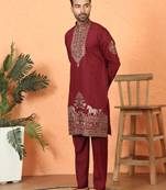 Cotton silk embroidered maroon kurta & trouser with dupatta