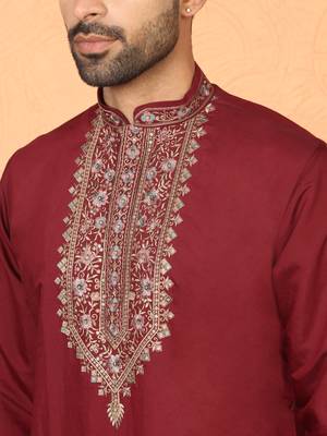Cotton silk embroidered maroon kurta & trouser with dupatta 2