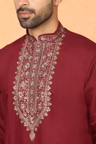 Cotton silk embroidered maroon kurta & trouser with dupatta