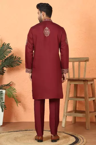 Cotton silk embroidered maroon kurta & trouser with dupatta