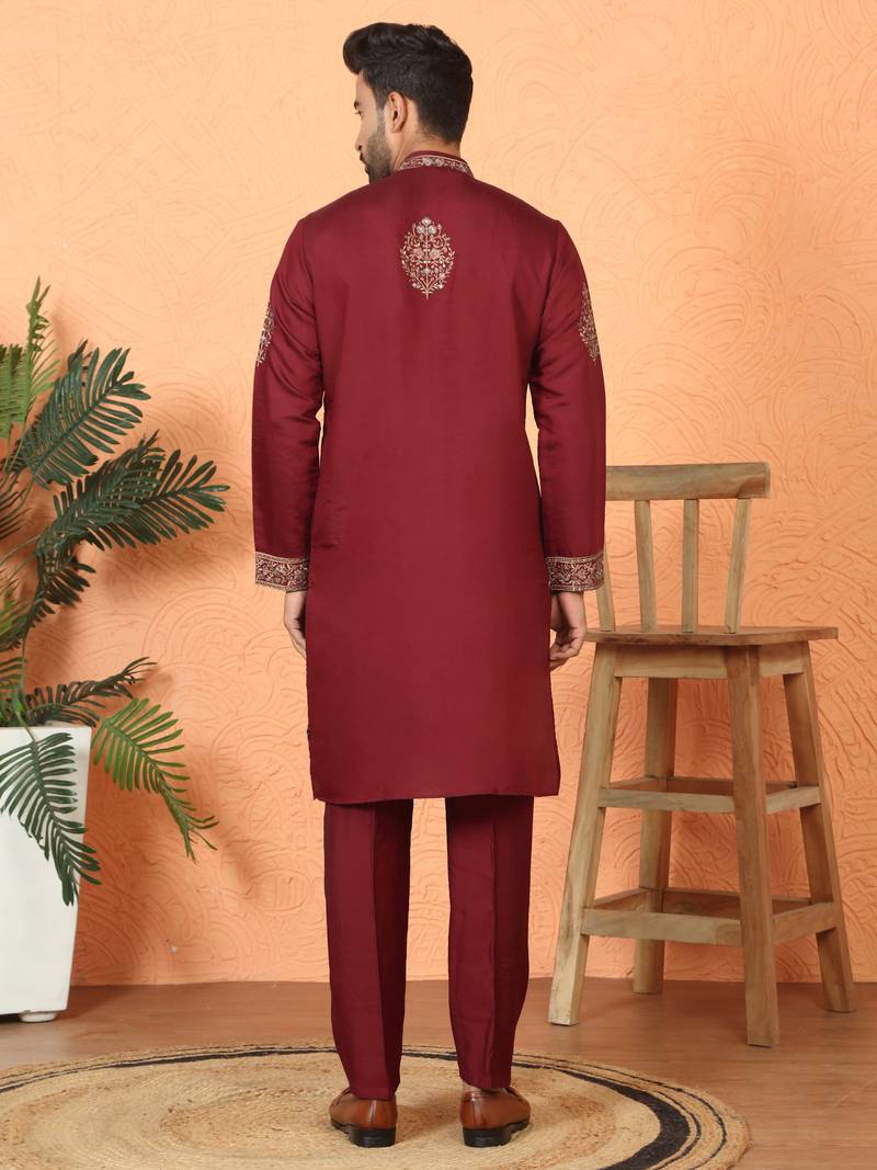 Cotton silk embroidered maroon kurta & trouser with dupatta