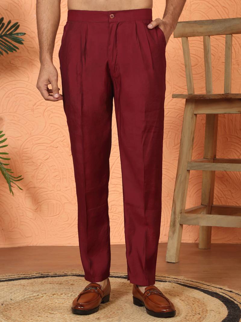 Cotton silk embroidered maroon kurta & trouser with dupatta
