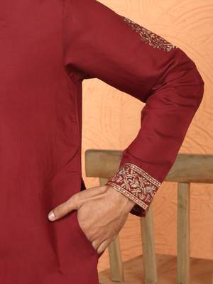 Cotton silk embroidered maroon kurta & trouser with dupatta 5