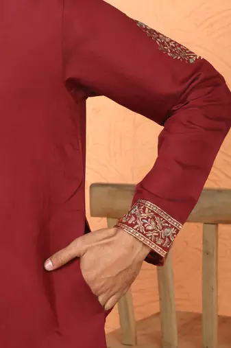 Cotton silk embroidered maroon kurta & trouser with dupatta
