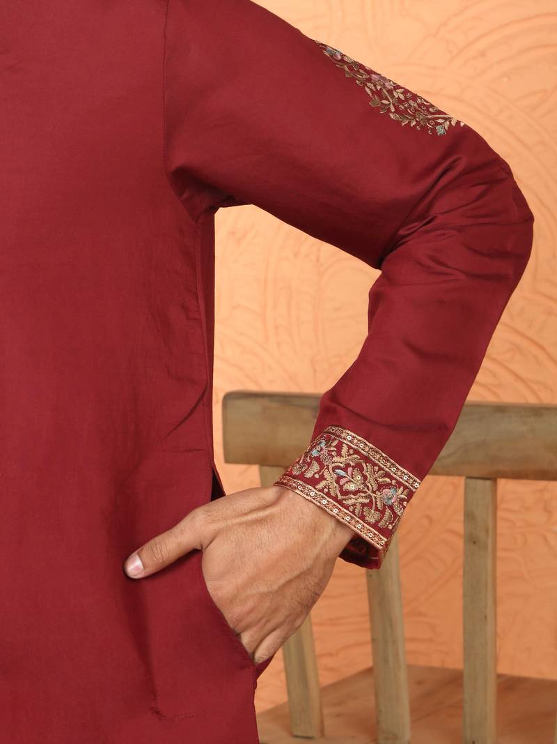 Cotton silk embroidered maroon kurta & trouser with dupatta