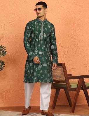 Floral printed olive green cotton kurta and pyjamas 1