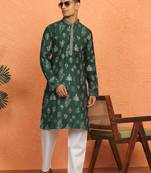 Floral printed olive green cotton kurta and pyjamas