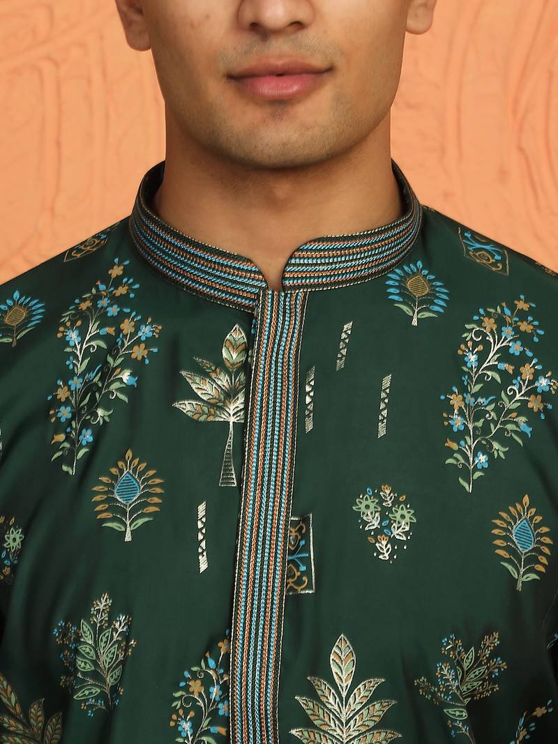 Floral printed olive green cotton kurta and pyjamas