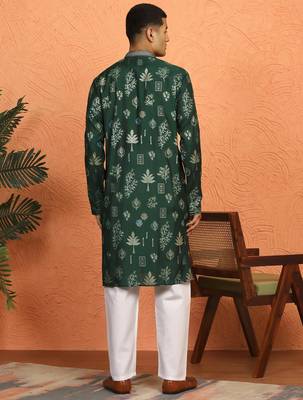 Floral printed olive green cotton kurta and pyjamas 3
