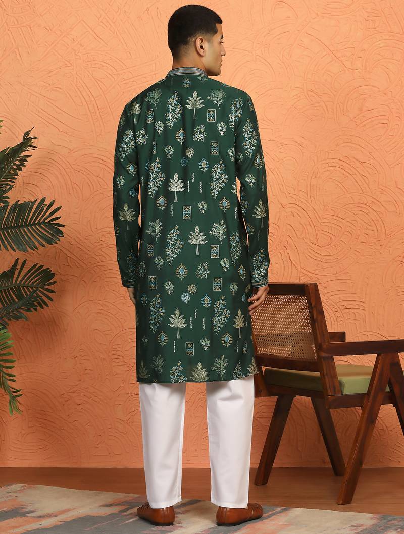 Floral printed olive green cotton kurta and pyjamas