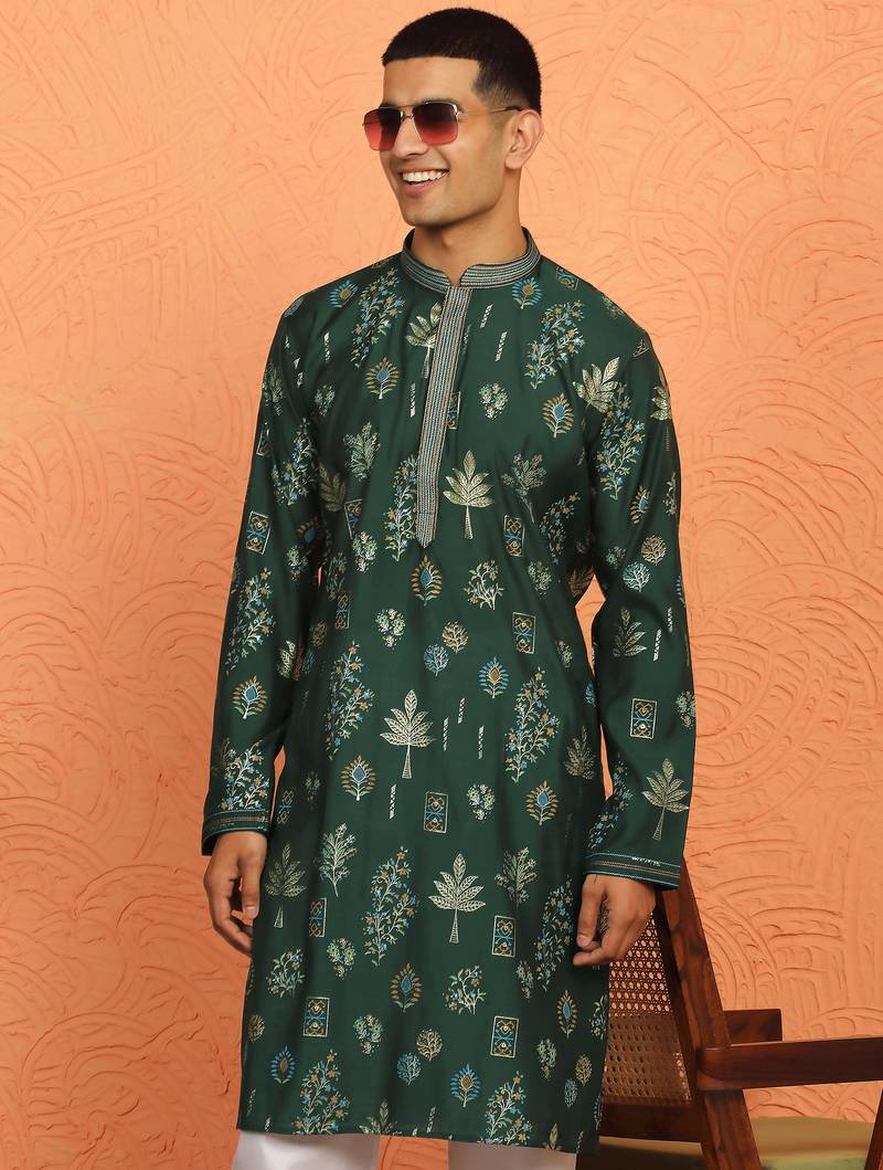 Floral printed olive green cotton kurta and pyjamas