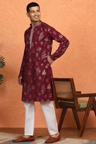 Floral printed maroon cotton kurta and pyjamas