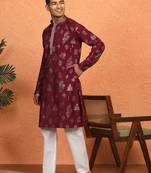 Floral printed maroon cotton kurta and pyjamas