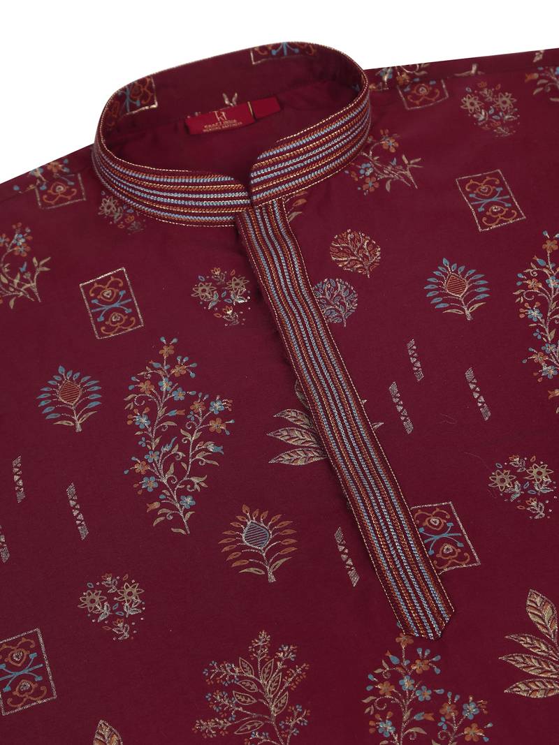 Floral printed maroon cotton kurta and pyjamas