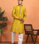 Floral printed yellow cotton kurta and pyjamas