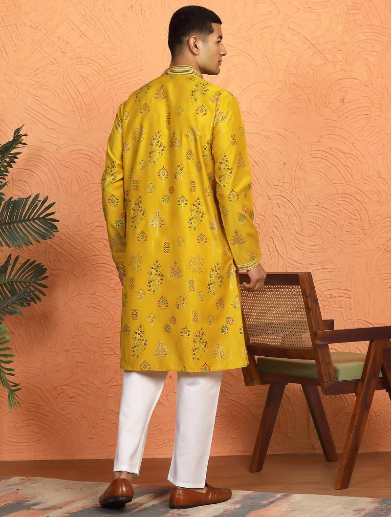 Floral printed yellow cotton kurta and pyjamas