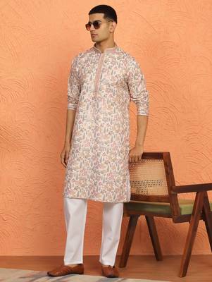 Floral printed beige cotton kurta and pyjamas 1