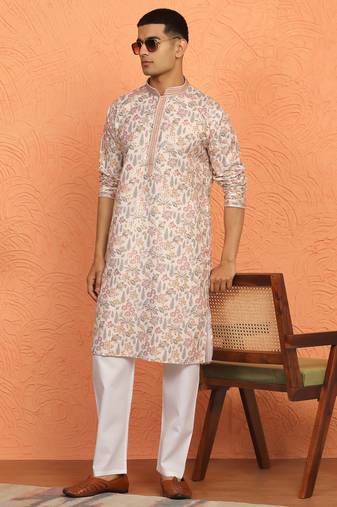 Floral printed beige cotton kurta and pyjamas