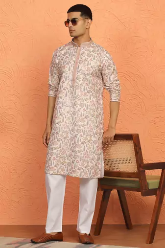 Floral printed beige cotton kurta and pyjamas