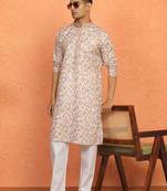 Floral printed beige cotton kurta and pyjamas