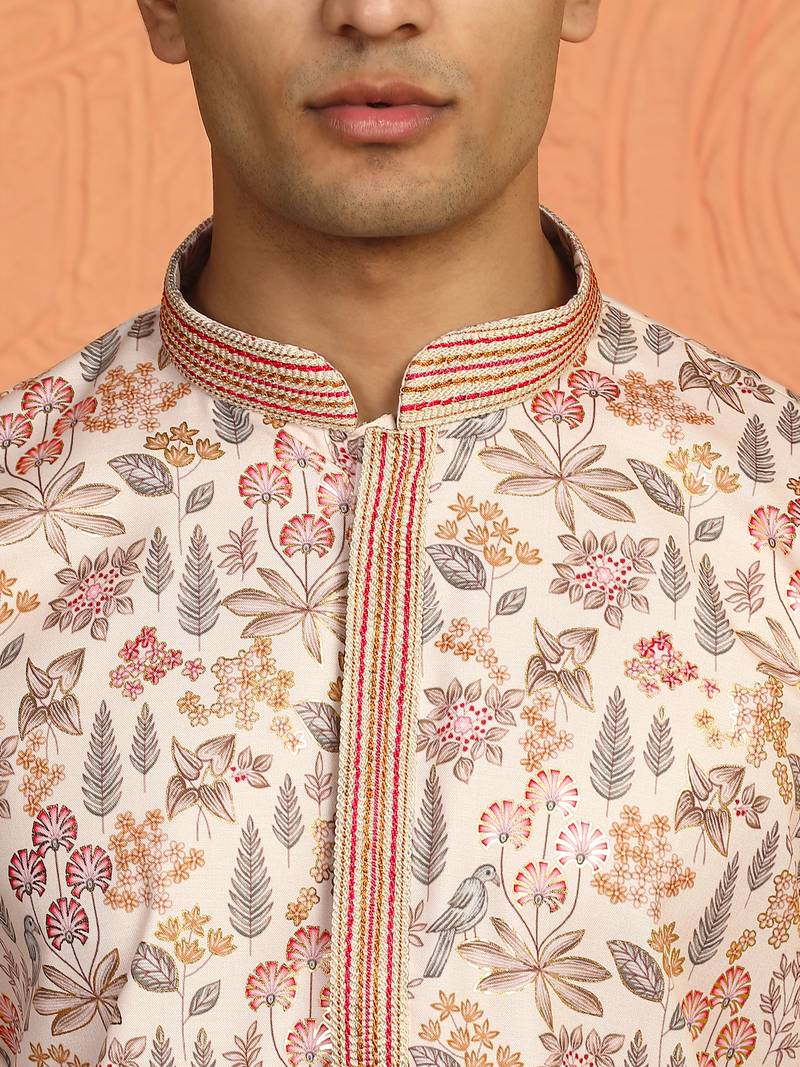 Floral printed beige cotton kurta and pyjamas