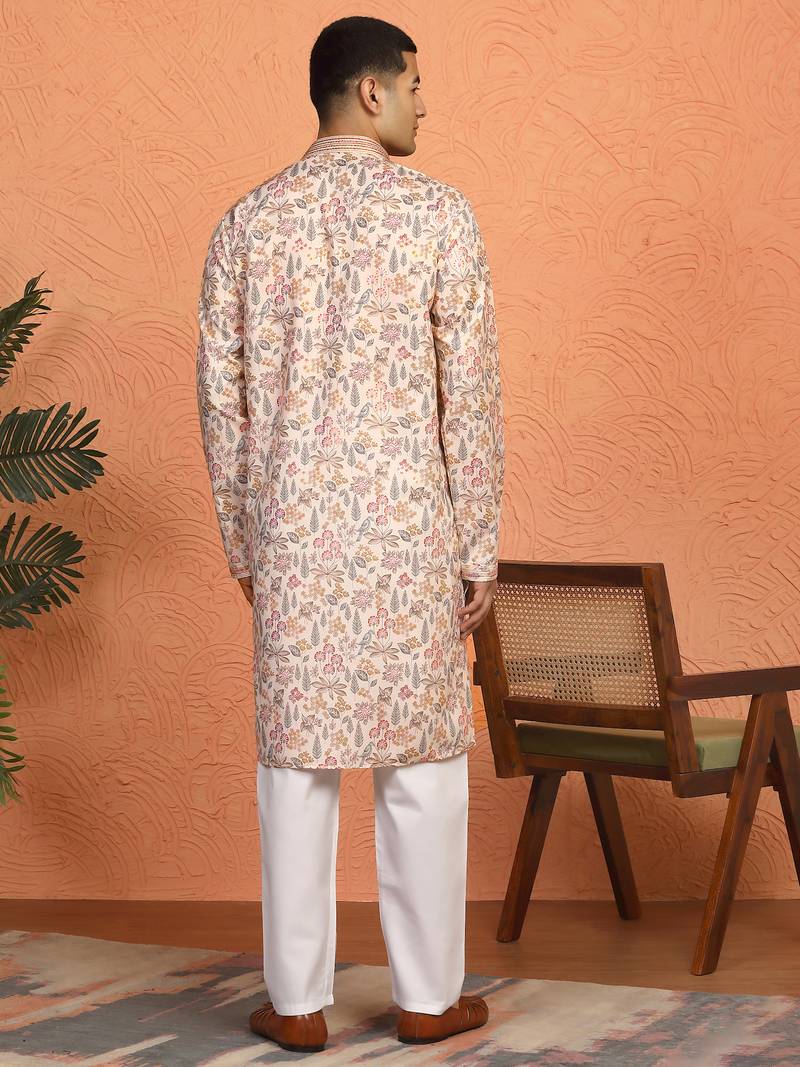Floral printed beige cotton kurta and pyjamas