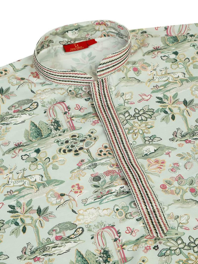 Floral printed green cotton kurta and pyjamas