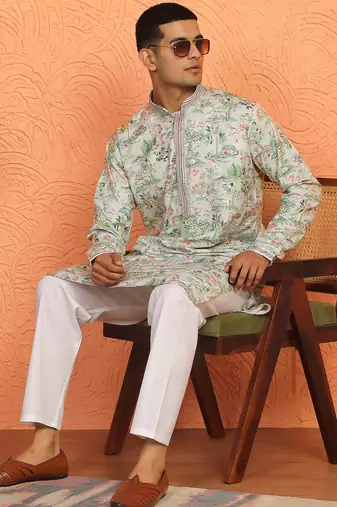 Floral printed green cotton kurta and pyjamas
