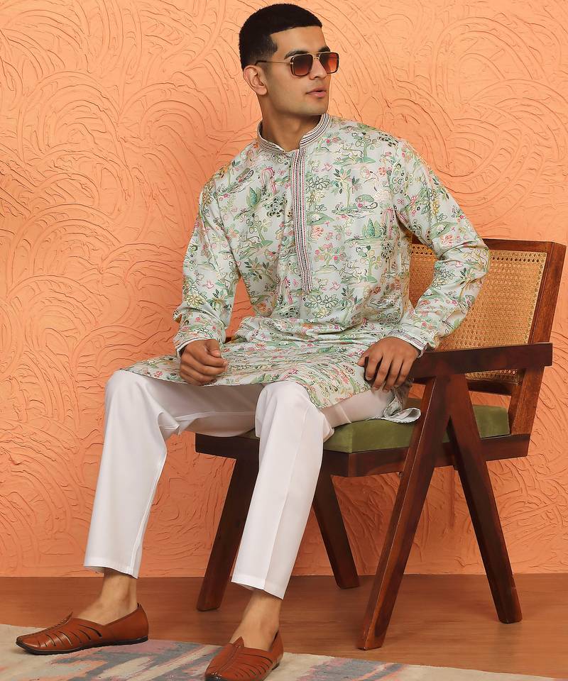 Floral printed green cotton kurta and pyjamas