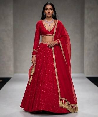 Crimson Red Embroidered Georgette Lehenga Set 1