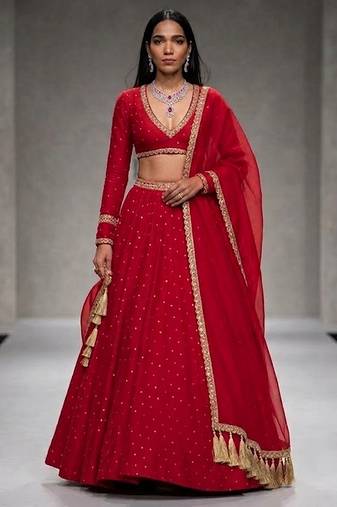 Crimson Red Embroidered Georgette Lehenga Set