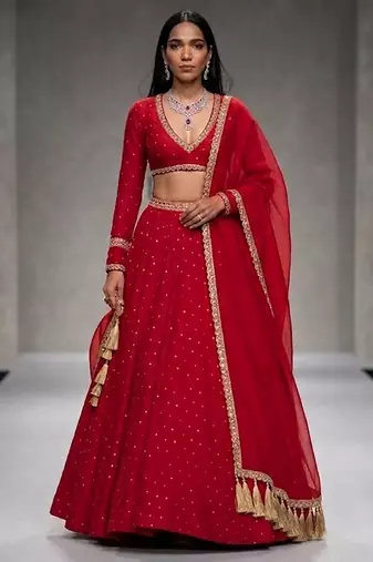Crimson Red Embroidered Georgette Lehenga Set