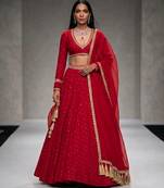 Crimson Red Embroidered Georgette Lehenga Set