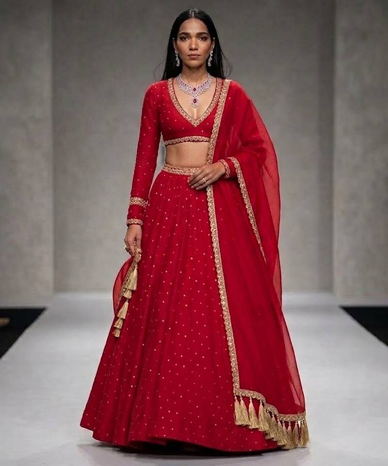 Crimson Red Embroidered Georgette Lehenga Set