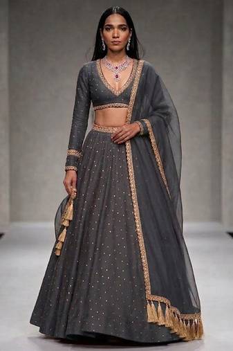 Slate Grey Embroidered Georgette Lehenga Set