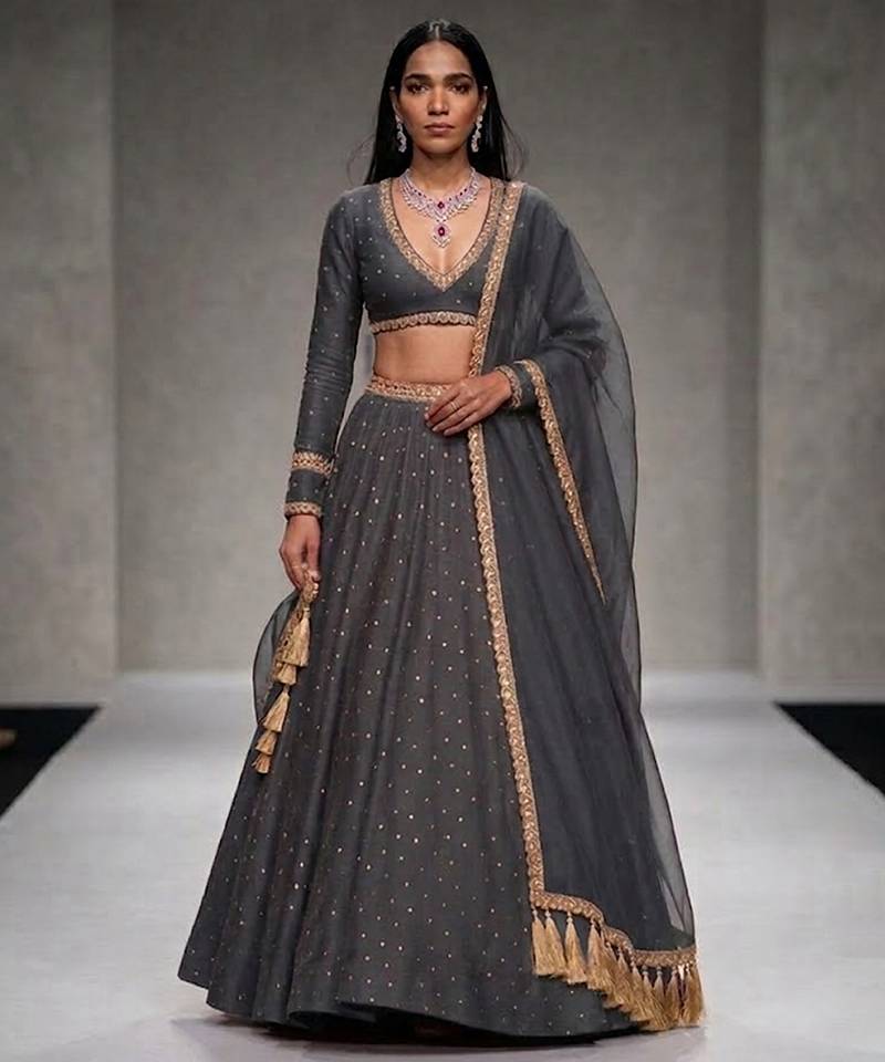 Slate Grey Embroidered Georgette Lehenga Set